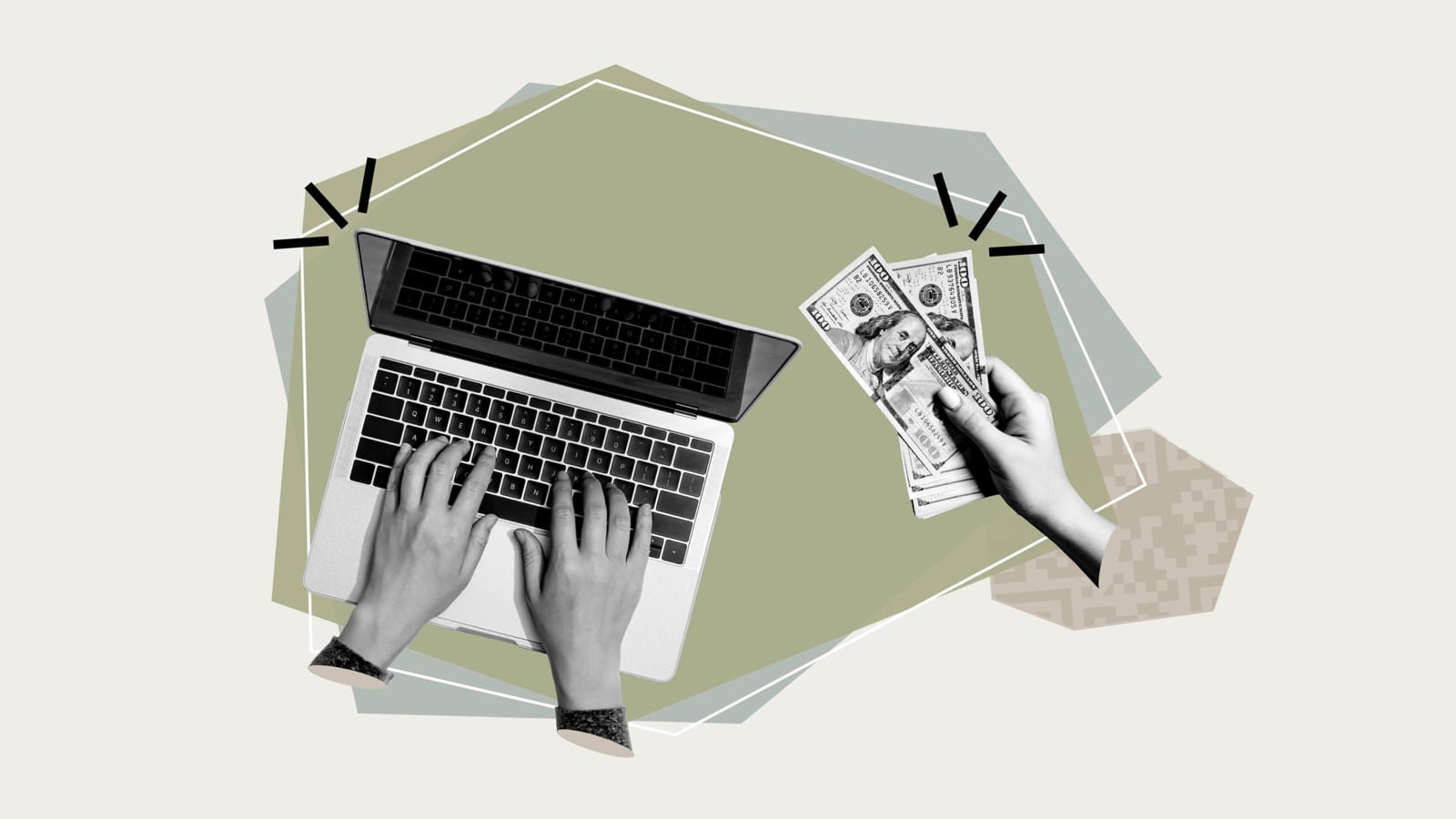 hand typing on laptop and hand holding money