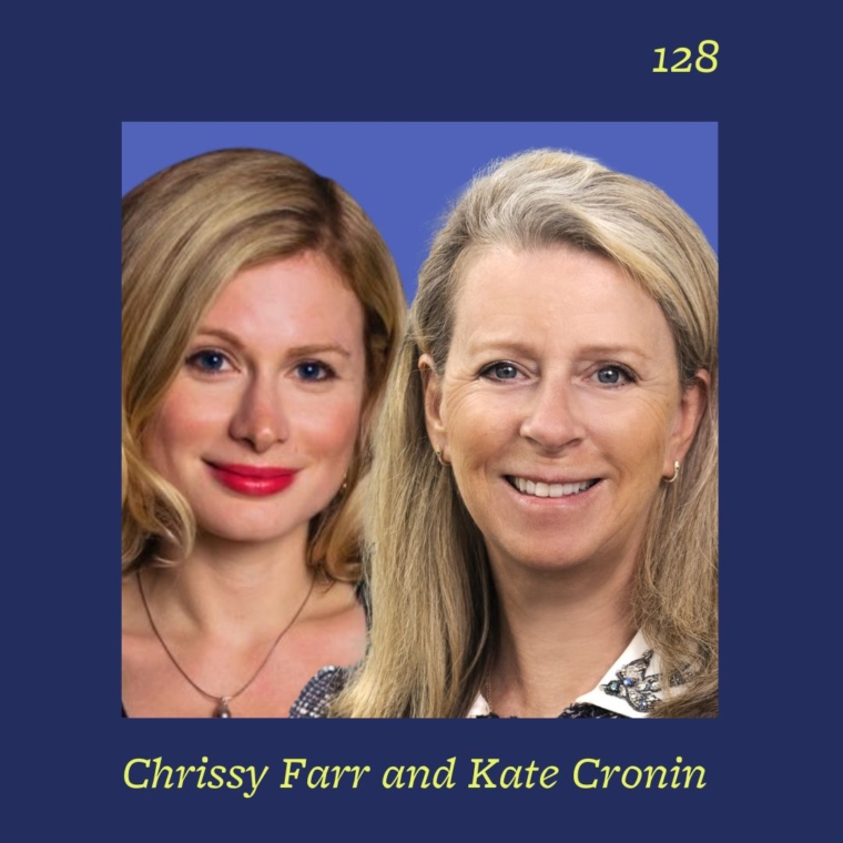 headshot of two women on blue background