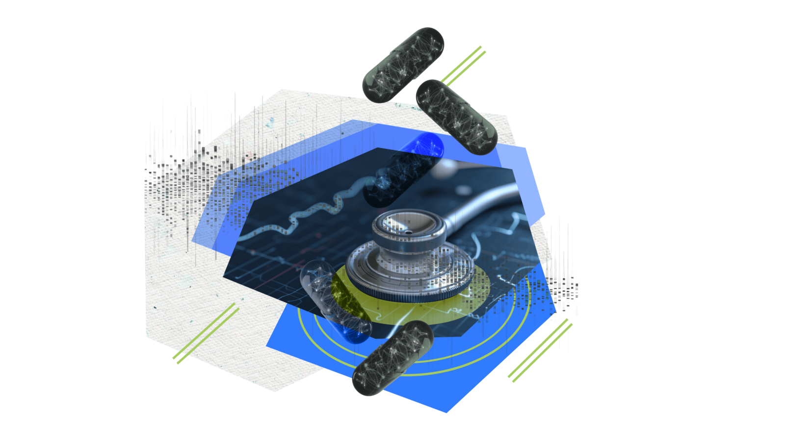 Healthcare AI Atlas pattern with pills falling and a stethoscope